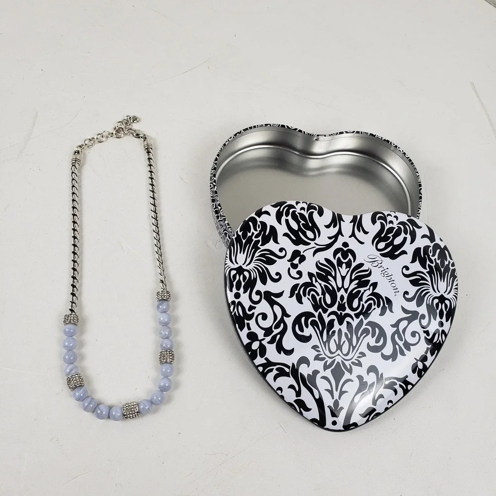 Brighton Blue Lace Agate Silver Tone Crystal Bead Necklace with Heart Tin